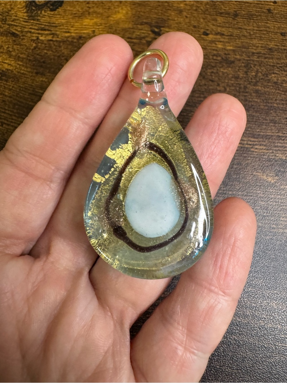 Handmade Teardrop Glass Pendant in Gold and White
